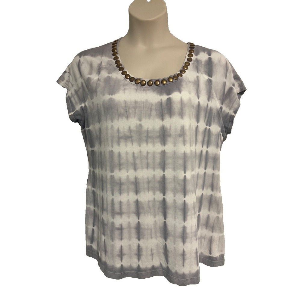 Soft Surroundings Tie Dye Tee Shirt~1XL~Gray White Short Slv Brass Studded Boho